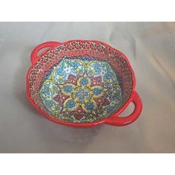 Bohemian Style Ceramic Ramen Soup Bowl with Handle Microwave Safe Embossed New - Picture 2 of 7